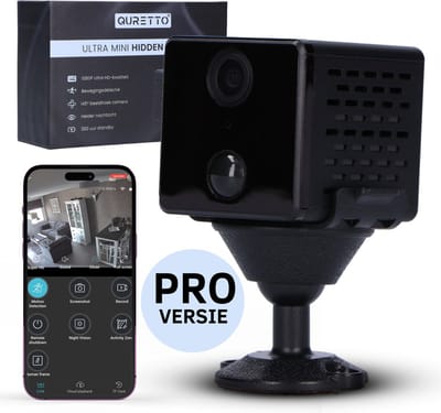 QURETTO® Mini Spy Camera – Verborgen Camera Binnen – Draadloze WiFi Beveiligingscamera met App – Bewegingsdetectie & Nachtzicht – 32GB MicroSD – Kleine camera spionage – Nanny cam