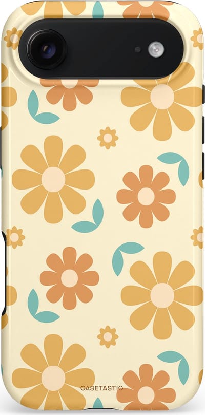 Casetastic hoesje geschikt voor Apple iPhone Air - MagSafe - Dubbellaagse bescherming - Flower power Retro Bloemen - Geel - Oranje - Blauw - Fashion Case - Crème Goud Perzik