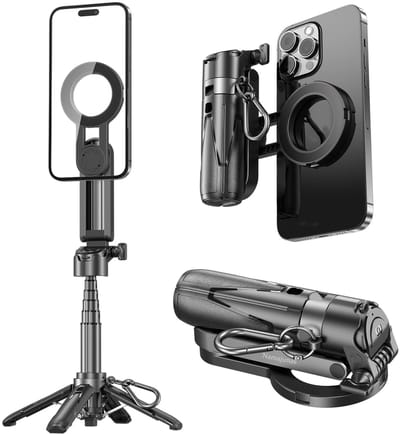 Namajunas - Telefoon Statief Selfiestick - Magnetische Telefoonhouder - Tripod Smartphone - Camera Statief - Incl. Bluetooth Afstandsbediening - 47.5 cm hoog - Extra Stabiel door Vierpoot - 360° Draaibaar - Compact en Lichtgewicht - voor iPhone
