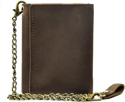 Leren Portemonnee voor Mannen met Ketting, Drievoudige Vouw, Muntvak, Rits en 9 Kaartslots, Bruin
