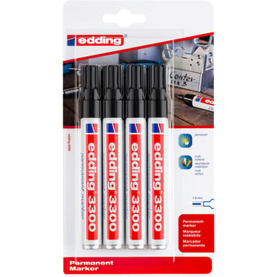 edding 3300 permanent marker - zwart - 4 stiften - beitel punt 1-5 mm - water en wrijfvast -voor karton, kunststof, hout, metaal, etc. - alcohol markers voor volwassenen