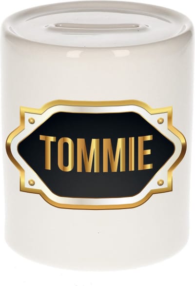 Spaarpot met voornaam Tommie - wit - met goud/zwart embleem - 8 x 9 cm - keramiek - met afsluitdop - cadeau verjaardag