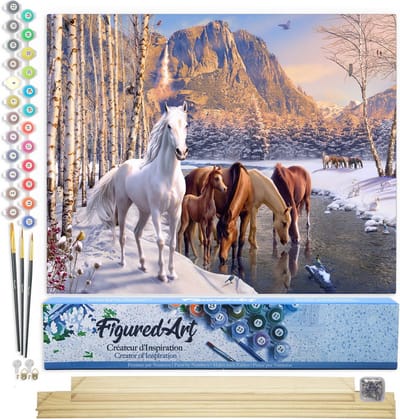 Figured'Art Schilderen op Nummer Volwassenen canvas Paarden aan het einde van de winter - Handwerk acrylverf Kit DIY Compleet - 40x50cm met DIY houten lijst