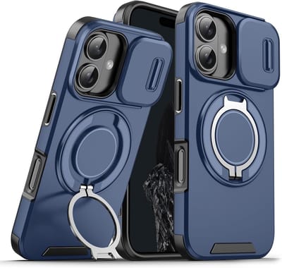 Hoesje Geschikt voor iPhone 16 Plus hoesje Blauw backcover met Met Draaibare Ring Houder en camera bescherming