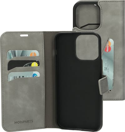 Mobiparts hoesje geschikt voor Apple iPhone 15 Pro Max - Wallet/Boekhoesje - Eco Leer - Magneet Sluiting - Opberg vakken - Grijs