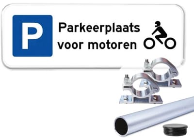 Parkeerbord Motoren - Weerbestendig Aluminium - 40x15 cm - Bevestiging: Met paal 120 cm + paalbeugels + paaldop