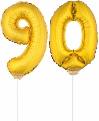 90 jaar leeftijd feestartikelen - versiering cijfers - ballonnen op stokje - van 41 cm - Combi van cijfer 90 - in het goud