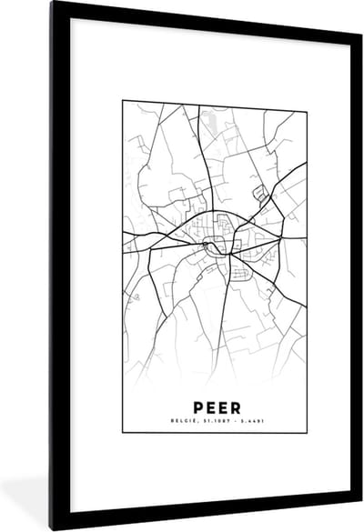 Fotolijst incl. Poster Zwart Wit- België – Peer – Stadskaart – Kaart – Zwart Wit – Plattegrond - 60x90 cm - Posterlijst