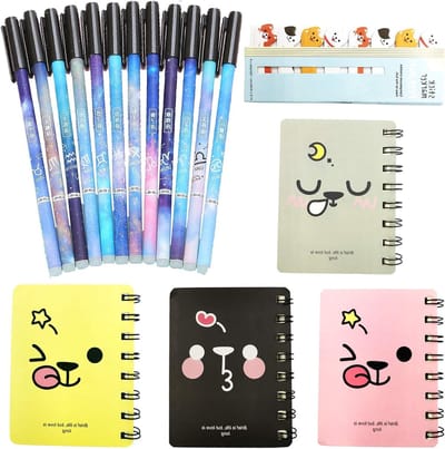 Erasable Gelpennen Set met 12 Stuks, Inclusief 4 Kleine Notitieboekjes en 1 Hondennotitie voor Tekeningen, Schrijven en Plannen