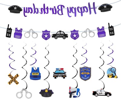 Decoratie voor politie themafeest met Happy Birthday-banner en hangende wervels - politieauto slinger voor kinderverjaardag