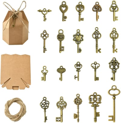 Dailygoods - Antieke Bronzen Sleutelbedels met Papieren Dozen voor Sieraden, 20 Stuks