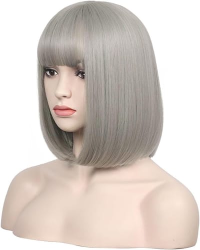 Korte damespruik met zijdezachte pony van hittebestendig synthetisch haar voor kostuum, cosplay, feest, Halloween en dagelijks gebruik - 30,5 cm