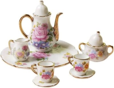 Poppenhuis theekopjes - Miniatuur servies - Poppenhuis decoratie - Bloemenprint met rand - 8 stuks - Kleurrijk
