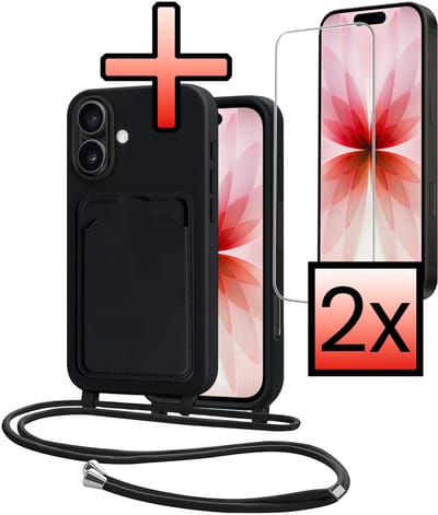 Hoes Geschikt voor iPhone 17 Hoesje Pasjeshouder Cover Met Koord Case Siliconen Hoes Met Telefoonkoord en Kaarthouder Met 2x Screenprotector - Zwart