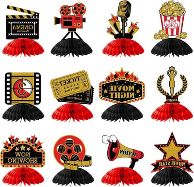 12-delige decoratieset voor filmavond met popcorn, sterren en honingraatkaarten voor feestelijke tafeldecoratie