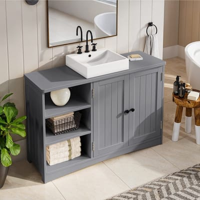 Bealife AP54 Wastafelmeubel - badkamermeubel 90 x 30 x 60 cm - met 2 Deuren 5 Vakken - Verstelbare Plank in 3 Niveaus - Magneetsluiting - Waterafstotend -Grijs