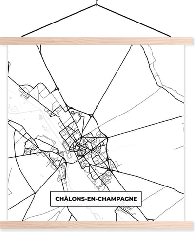 Posterhanger incl. Poster 40x40 cm - Schoolplaat - Châlons-en-Champagne - Frankrijk - Plattegrond - Stadskaart - Kaart - Zwart wit - Textielposter - Blanke latten - Stadskaart