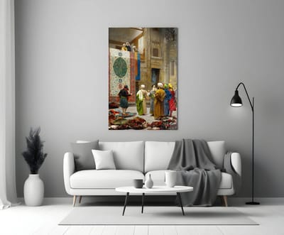 Glasschilderij – Oosterse Tapijtmarkt – Kunst op Glas - 90x60 cm