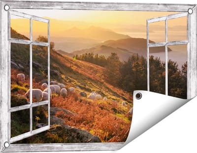 Gards Tuinposter Doorkijk Schapen in de Bergen - 60x40 cm - Tuindoek - Tuindecoratie - Wanddecoratie buiten - Tuinschilderij