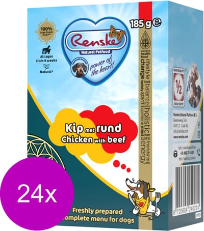 Renske Vers Bereide Maaltijd Hondenvoer - Kip Rund Graanvrij - 24 x 185 gr