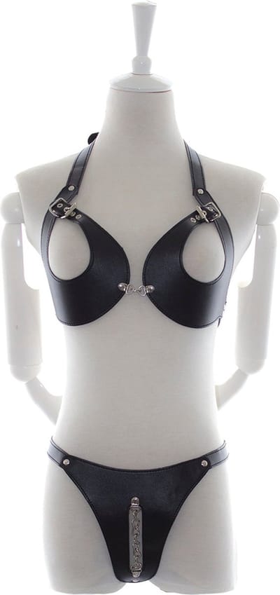 Fixxx - Fetish BH en Slipje met Open Kruis - Nr. 2 - PU-Leer - One Size - Zwart