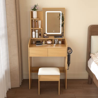 PHOEBE CAT Kaptafel - Inclusief kruk - Spiegel met LED-verlichting - Stopcontact - Compact - 60 x 130 x 36 cm