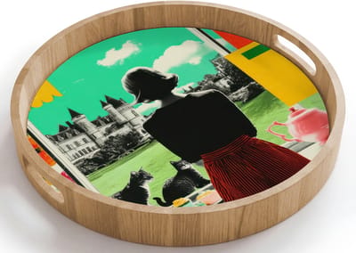 Dienblad rond 40x40 cm - Schootdienblad hout - Vrouw - Keuken - Katten - Doorkijk - Borrelplank rechthoek - Plateau houten dienbladen