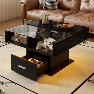 Wishdor Lift-salontafel hoogglans/mat zwart – verstelbaar tot 59,5 cm, uitschuifbaar 78×78/45,5 cm, LED met Bluetooth