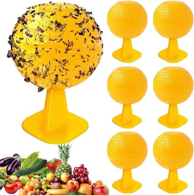 Fruitvliegenvallen - 6 stuks - Plakvallen voor fruitvliegen - Bolvormige plakvallen - Vliegenvallen - Bestrijding van vliegen - Fruitvliegenvallen voor keukens, tuinen en planten - Willekeurige basisvorm - 7,5*7,5*12 cm - Geel