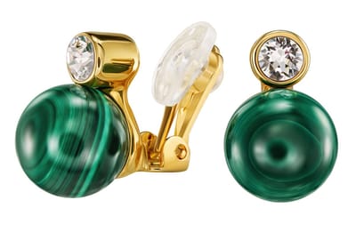 Traveller Clip Oorbellen - Oorclips Dames - Goudkleurig - Kristallen - Preciosa Crystals - Edelsteen - Echt Malachiet - 10 mm - Uniek - 112502