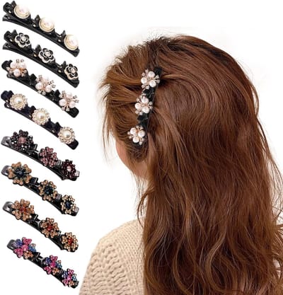 Elegante Vlecht Haarspelden Set van 8 Stuks met Drie Bloemen en Sprankelende Kristallen voor Dames, Dubbele Laag Haaraccessoires en Meerdere Laag Haarspelden