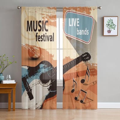Muziekfestival Met Retro Gitaar Chiffon Transparante Gordijnen voor Woonkamer Slaapkamer Keuken Decoratie Raam Voiles Tule Gordijn 135W x 114H(cm) gray