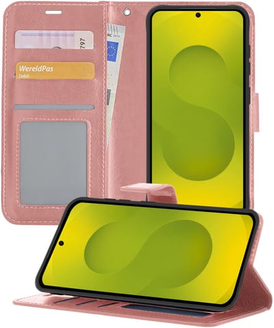 Hoesje - Met Pasjeshouder - Geschikt voor Samsung Galaxy S25 FE - Luxe Bookcase Portemonee - Flip Case - Kunstleer Book Case - Flipcase - Book Cover - Walletcase - Portemonneehoes - Telefoonhoesjes - Rosé goud