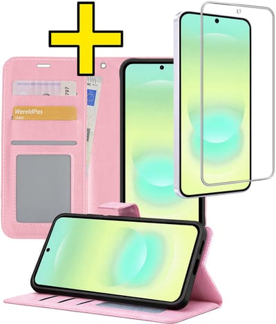 Hoesje - Met Screenprotector - Geschikt voor Samsung Galaxy A37 - Luxe Pasjeshouder - Bookcase Portemonee - Flip Case - Kunstleer Book Case - Flipcase - Book Cover - Walletcase - Portemonneehoes - Telefoonhoesjes - Lichtroze