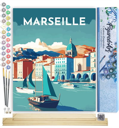 Figured'Art Schilderen op Nummer Volwassenen canvas Reisposter Marseille- Handwerk acrylverf Kit DIY Compleet - 40x50cm met DIY houten lijst