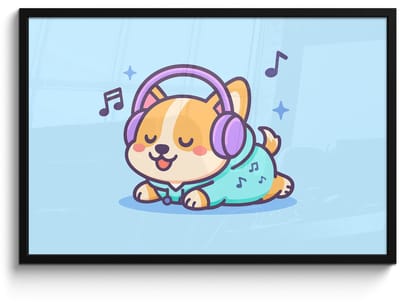 Poster in lijst - Fotolijst 90x60 cm - Posters - Corgi - Koptelefoon - Blauw - Muzieknoten - Posterlijst zwart - Decoratie - Wanddecoratie woonkamer - Muurdecoratie slaapkamer