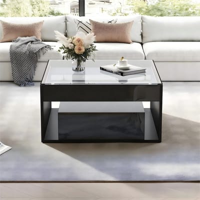MODFU Salontafel Met 2 Laden En Ledverlichting - Hoogglans - MDF En Gehard Glas - Zwart - 70 x 70 x 35 cm