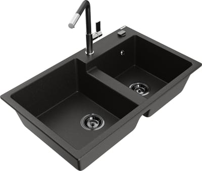 Mexen Tomas granieten gootsteen met 2 kamers en keukenkraan Flora, zwart/goud metallic - 6516-75-670401-07-B