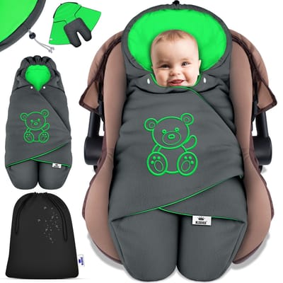 KIDIZ® Baby Slaapzak voor Buggy Voetenzak voor Autostoeltje & Wandelwagen Babyschaal, voor Winter met Kap + Babyslaapzak Deken voor Maxi-Cosi & Kinderwagen alle Gordelsystemen 3 & 5-Puntsgordel - Antraciet / Groen