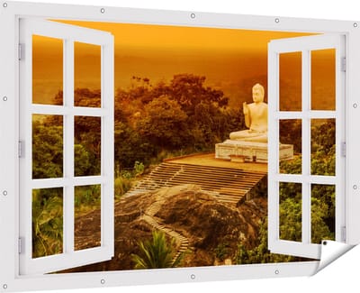 Gards Tuinposter Doorkijk Boeddha Beeld bij een Tempel in het Bos - 180x120 cm - Tuindoek - Tuindecoratie - Wanddecoratie buiten - Tuinschilderij