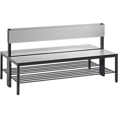 Basic Plus bank, 2-zijdig, met rugleuning & schoenenrek, 4-poots frame zwartgrijs RAL 7021, B 1500 mm, decor zilvergrijs