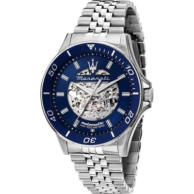 Maserati Sfida Acier Inoxydable Squelette Cadran Bleu Soleil Automatique R8823140011 100M Montre Homme