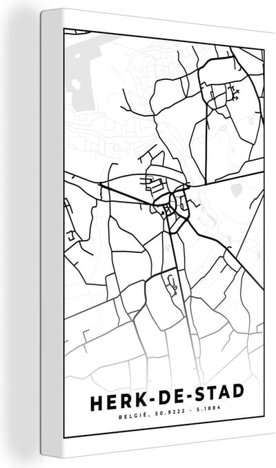 Canvas Schilderij Stadskaart – Plattegrond – België – Zwart Wit – Herk de Stad – Kaart - 20x30 cm - Wanddecoratie