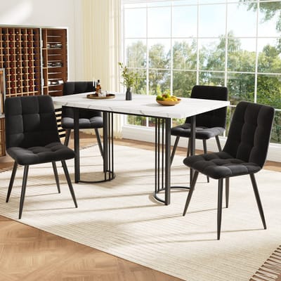 MODFU - Eetkamerset - Uitschuifbare Eettafel Met 4 Stoelen - Modern - MDF En Metaal - Zwart Wit - 140-179,5 X 80 X 75,5 Cm