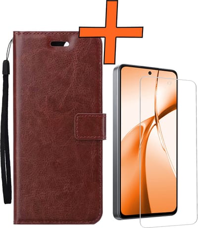 Hoes - Met Screenprotector - Geschikt voor OnePlus Nord CE4 - Luxe Pasjeshouder - Bookcase Portemonee - Flip Case - Kunstleer Book Case - Flipcase - Book Cover - Walletcase - PortemonneeHoes - Bruin