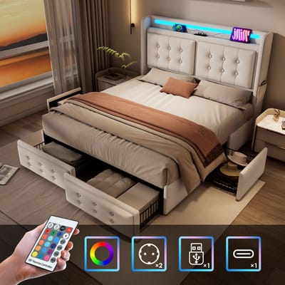 Gestoffeerd bed 180x200, tweepersoonsbed met LED-hoofdbord en USB-C-oplaadfunctie en 4 lades, opbergbed met lattenbodem van hout en metalen frame, draagvermogen 300 kg, beige, katoen (exclusief matras)
