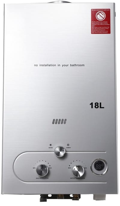 TABODD Draagbare doorstroomboiler met propaangas, 18 l, 36 kW, voor camping, met LPG-gas, voor buitendouche, doorstroomboiler, douche, camping, met CE-certificering, grijs