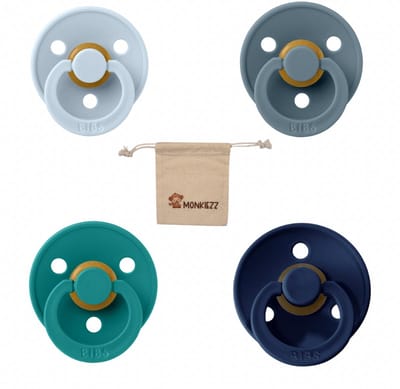 Bibs fopspenen maat 2 6-18 maanden| Set 4 stuks| Baby Blue, Deep space, petrol, Scuba + Monkiezz speenzakje