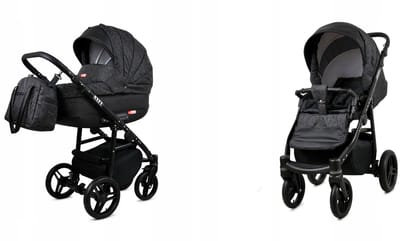 BabyLux® Kinderwagen 2in1 - AXEL - CARBON BLACK FRAME - Opklapbare Wandelwagen incl. Reiswieg, Multifunctionele Buggy Sportstoel - Combi-kinderwagen met Luiertas, Regenhoes, Klamboe, Bekerhouder, etc.