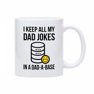 Grappige Dad Jokes Mok 330 ml – “Ik Bewaar Al Mijn Vadergrappen in een Dad-a-Base” – Humoristisch Cadeau voor Vaders & Techliefhebbers